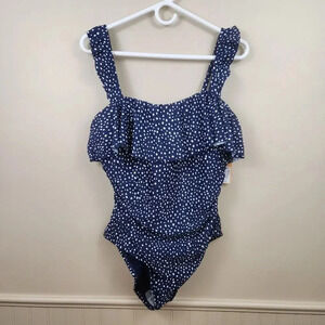 KONA SOL Women's Ruffle One Piece Swimsuit Full Coverage Swimwear Navy Blue SZ L